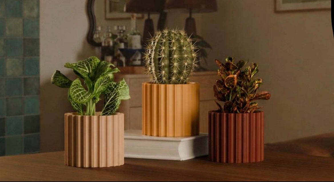 Modern Ribbed Planter | 3D Printed Succulent Pot, Minimalist Desk Decor